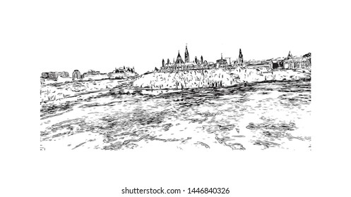 Building view with landmark of Ottawa is Canada’s capital, in the east of southern Ontario, near the city of Montreal and the U.S. border. Hand drawn sketch illustration in vector.