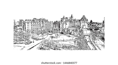 Building view with landmark of Ottawa is Canada’s capital, in the east of southern Ontario, near the city of Montreal and the U.S. border. Hand drawn sketch illustration in vector.