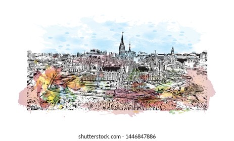 Building view with landmark of Ottawa is Canada’s capital, in the east of southern Ontario, near the city of Montreal and the U.S. border. Watercolor splash Hand drawn sketch illustration in vector.