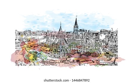 Building view with landmark of Ottawa is Canada’s capital, in the east of southern Ontario, near the city of Montreal and the U.S. border. Watercolor splash Hand drawn sketch illustration in vector.