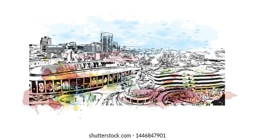 Building view with landmark of Ottawa is Canada’s capital, in the east of southern Ontario, near the city of Montreal and the U.S. border. Watercolor splash Hand drawn sketch illustration in vector.