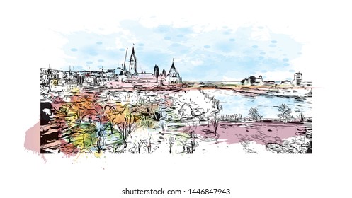 Building view with landmark of Ottawa is Canada’s capital, in the east of southern Ontario, near the city of Montreal and the U.S. border. Watercolor splash Hand drawn sketch illustration in vector.