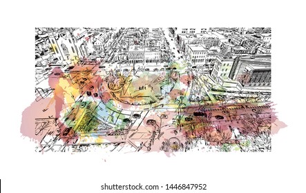 Building view with landmark of Ottawa is Canada’s capital, in the east of southern Ontario, near the city of Montreal and the U.S. border. Watercolor splash Hand drawn sketch illustration in vector.