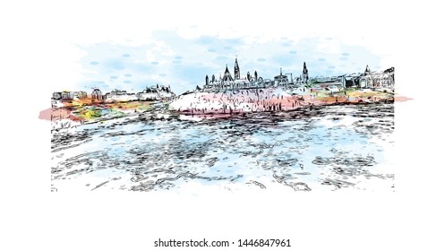 Building view with landmark of Ottawa is Canada’s capital, in the east of southern Ontario, near the city of Montreal and the U.S. border. Watercolor splash Hand drawn sketch illustration in vector.