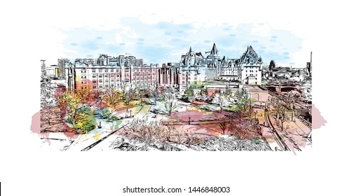 Building view with landmark of Ottawa is Canada’s capital, in the east of southern Ontario, near the city of Montreal and the U.S. border. Watercolor splash Hand drawn sketch illustration in vector.