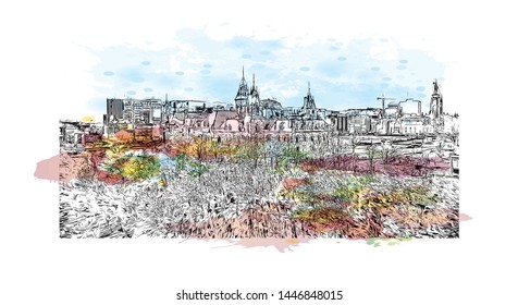 Building view with landmark of Ottawa is Canada’s capital, in the east of southern Ontario, near the city of Montreal and the U.S. border. Watercolor splash Hand drawn sketch illustration in vector.