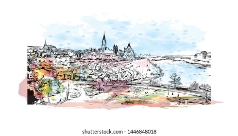 Building view with landmark of Ottawa is Canada’s capital, in the east of southern Ontario, near the city of Montreal and the U.S. border. Watercolor splash Hand drawn sketch illustration in vector.
