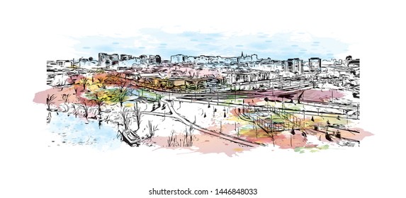 Building view with landmark of Ottawa is Canada’s capital, in the east of southern Ontario, near the city of Montreal and the U.S. border. Watercolor splash Hand drawn sketch illustration in vector.