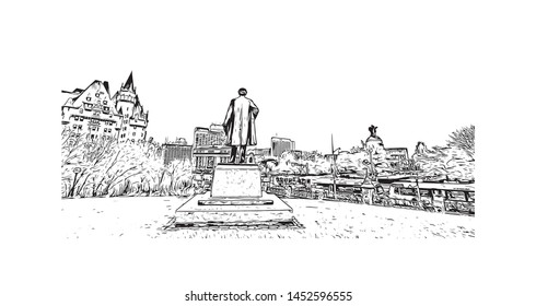 Building view with landmark of Ottawa is Canada’s capital, in the east of southern Ontario. Hand drawn sketch illustration in vector.