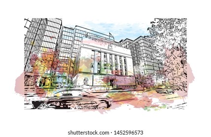 Building view with landmark of Ottawa is Canada’s capital, in the east of southern Ontario. watercolor splash with Hand drawn sketch illustration in vector.