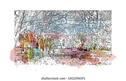 Building view with landmark of Ottawa is Canada’s capital, in the east of southern Ontario. watercolor splash with Hand drawn sketch illustration in vector.