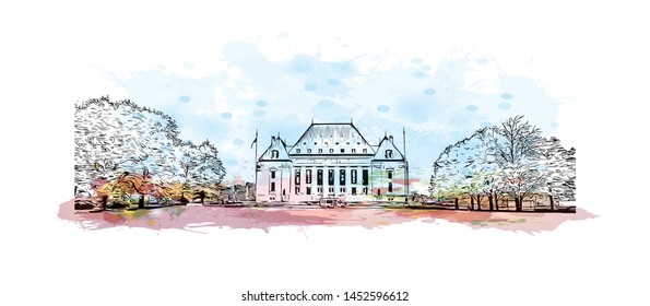 Building view with landmark of Ottawa is Canada’s capital, in the east of southern Ontario. watercolor splash with Hand drawn sketch illustration in vector.