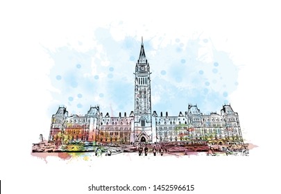 Building view with landmark of Ottawa is Canada’s capital, in the east of southern Ontario. watercolor splash with Hand drawn sketch illustration in vector.