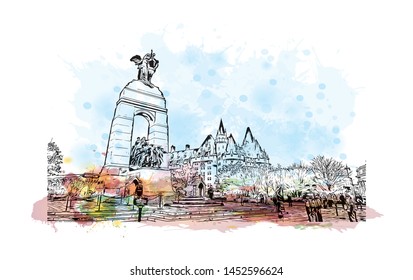 Building view with landmark of Ottawa is Canada’s capital, in the east of southern Ontario. watercolor splash with Hand drawn sketch illustration in vector.