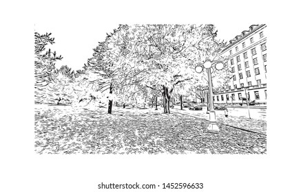 Building view with landmark of Ottawa is Canada’s capital, in the east of southern Ontario. Hand drawn sketch illustration in vector.