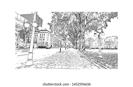 Building view with landmark of Ottawa is Canada’s capital, in the east of southern Ontario. Hand drawn sketch illustration in vector.