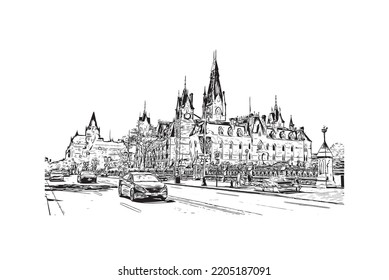 Building view with landmark of Ottawa is the 
capital of Canada. Hand drawn sketch illustration in vector.