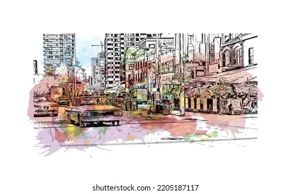 Building view with landmark of Ottawa is the 
capital of Canada. Watercolor splash with hand drawn sketch illustration in vector.