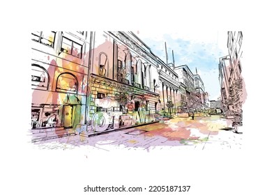 Building view with landmark of Ottawa is the 
capital of Canada. Watercolor splash with hand drawn sketch illustration in vector.