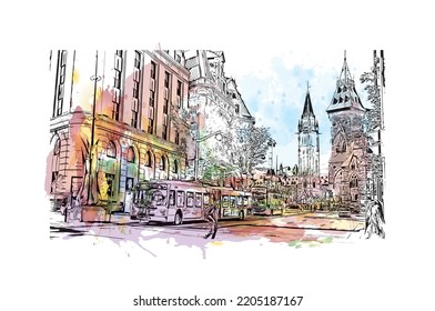 Building view with landmark of Ottawa is the 
capital of Canada. Watercolor splash with hand drawn sketch illustration in vector.