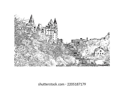 Building view with landmark of Ottawa is the 
capital of Canada. Hand drawn sketch illustration in vector.