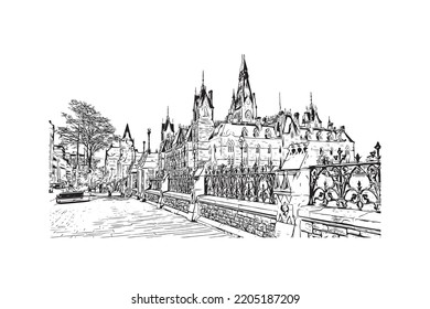 Building view with landmark of Ottawa is the 
capital of Canada. Hand drawn sketch illustration in vector.