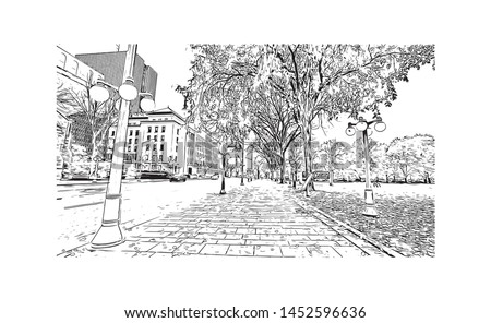 Building view with landmark of Ottawa is Canada’s capital, in the east of southern Ontario. Hand drawn sketch illustration in vector.