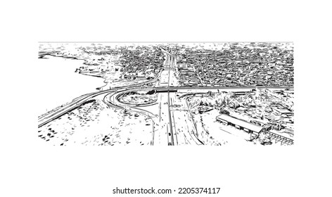 Building view with landmark of Ouagadougou is the capital in Burkina Faso. Hand drawn sketch illustration in vector.