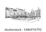 Building view with landmark of Oulu is a city in central Finland, where the Oulujoki River meets the Bay of Bothnia. Hand drawn sketch illustration in vector.