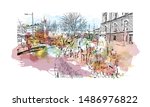 Building view with landmark of Oulu is a city in central Finland, where the Oulujoki River meets the Bay of Bothnia. Watercolor splash with Hand drawn sketch illustration in vector.