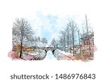 Building view with landmark of Oulu is a city in central Finland, where the Oulujoki River meets the Bay of Bothnia. Watercolor splash with Hand drawn sketch illustration in vector.