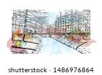 Building view with landmark of Oulu is a city in central Finland, where the Oulujoki River meets the Bay of Bothnia. Watercolor splash with Hand drawn sketch illustration in vector.