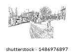 Building view with landmark of Oulu is a city in central Finland, where the Oulujoki River meets the Bay of Bothnia. Hand drawn sketch illustration in vector.