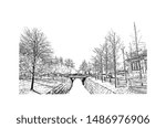 Building view with landmark of Oulu is a city in central Finland, where the Oulujoki River meets the Bay of Bothnia. Hand drawn sketch illustration in vector.