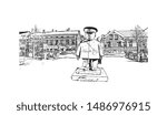 Building view with landmark of Oulu is a city in central Finland, where the Oulujoki River meets the Bay of Bothnia. Hand drawn sketch illustration in vector.