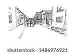 Building view with landmark of Oulu is a city in central Finland, where the Oulujoki River meets the Bay of Bothnia. Hand drawn sketch illustration in vector.