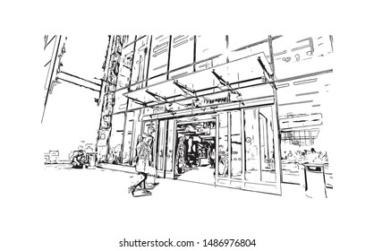 Building view with landmark of Oulu is a city in central Finland, where the Oulujoki River meets the Bay of Bothnia. Hand drawn sketch illustration in vector.