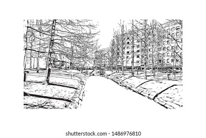 Building view with landmark of Oulu is a city in central Finland, where the Oulujoki River meets the Bay of Bothnia. Hand drawn sketch illustration in vector.