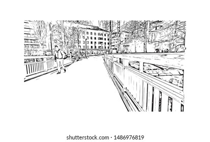 Building view with landmark of Oulu is a city in central Finland, where the Oulujoki River meets the Bay of Bothnia. Hand drawn sketch illustration in vector.