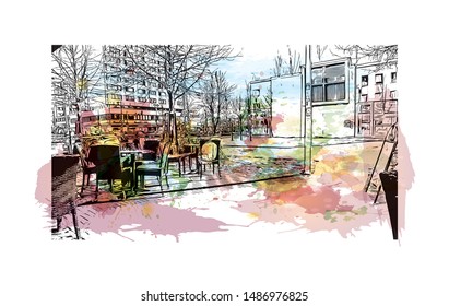 Building view with landmark of Oulu is a city in central Finland, where the Oulujoki River meets the Bay of Bothnia. Watercolor splash with Hand drawn sketch illustration in vector.
