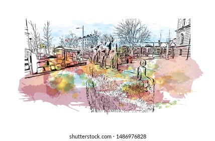 Building view with landmark of Oulu is a city in central Finland, where the Oulujoki River meets the Bay of Bothnia. Watercolor splash with Hand drawn sketch illustration in vector.