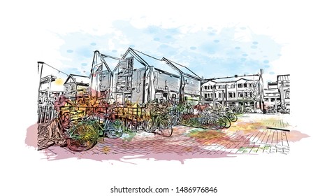 Building view with landmark of Oulu is a city in central Finland, where the Oulujoki River meets the Bay of Bothnia. Watercolor splash with Hand drawn sketch illustration in vector.