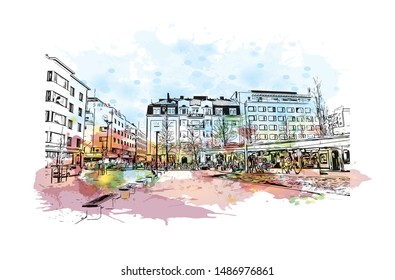 Building view with landmark of Oulu is a city in central Finland, where the Oulujoki River meets the Bay of Bothnia. Watercolor splash with Hand drawn sketch illustration in vector.