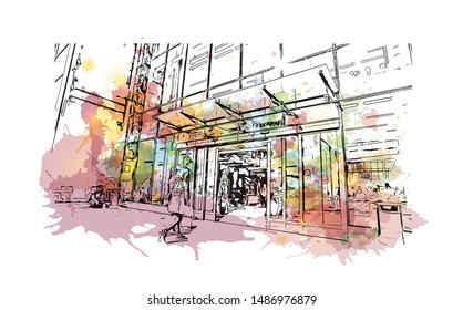 Building view with landmark of Oulu is a city in central Finland, where the Oulujoki River meets the Bay of Bothnia. Watercolor splash with Hand drawn sketch illustration in vector.