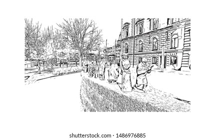 Building view with landmark of Oulu is a city in central Finland, where the Oulujoki River meets the Bay of Bothnia. Hand drawn sketch illustration in vector.