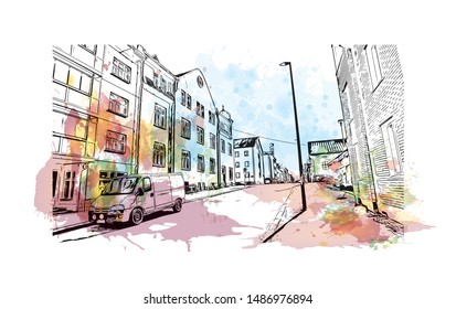 Building view with landmark of Oulu is a city in central Finland, where the Oulujoki River meets the Bay of Bothnia. Watercolor splash with Hand drawn sketch illustration in vector.