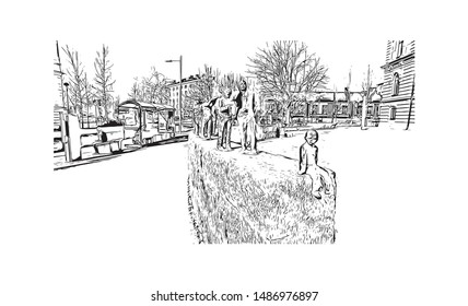 Building view with landmark of Oulu is a city in central Finland, where the Oulujoki River meets the Bay of Bothnia. Hand drawn sketch illustration in vector.