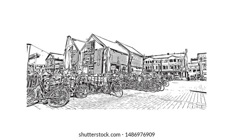 Building view with landmark of Oulu is a city in central Finland, where the Oulujoki River meets the Bay of Bothnia. Hand drawn sketch illustration in vector.