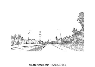 Building view with landmark of Oulu is a city in central Finland. Hand drawn sketch illustration in vector.