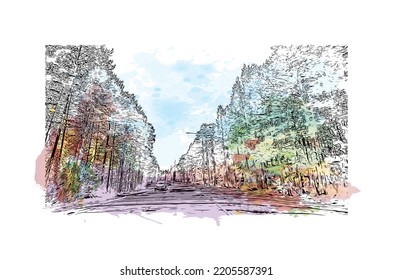 Building view with landmark of Oulu is a city in central Finland. Watercolor splash with hand drawn sketch illustration in vector.